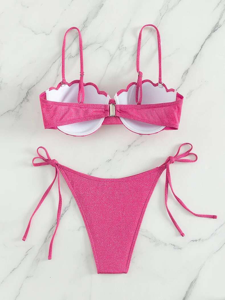 Dongdumaoyi Push Up Bikini Women Shiny Shell Underwire Micro Swimsuit New Hot Pink Cut Out Beach Bathing Suit Tie Side Thong Swimwear
