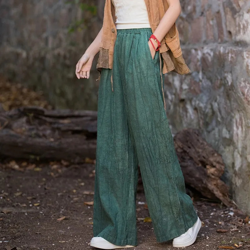High quality cotton linen wide leg pants for women ly arrived in autumn retro style tie dye loose womens casual Trousers M360 250407