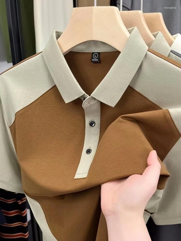 Men's Polos Fashion Color Blocked Short Sleeve Polo Shirt Summer High-end Silk Cotton Soft Breathable Item Casual Lapel T-shirt