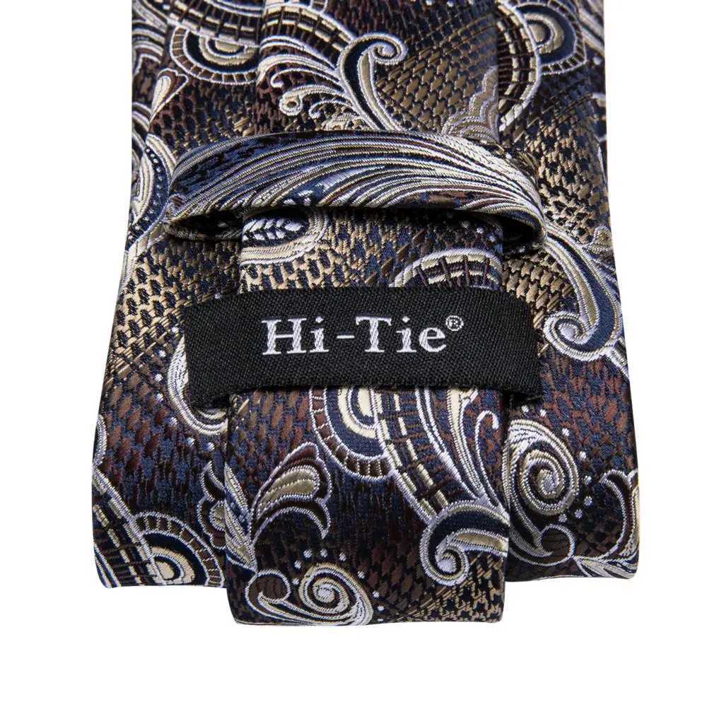 Hi-Tie Paisley Brown Tie For Men Elegant Mens Necktie Pocket Square Cufflink Gro Wedding Accessory Wholes New Designer X250407