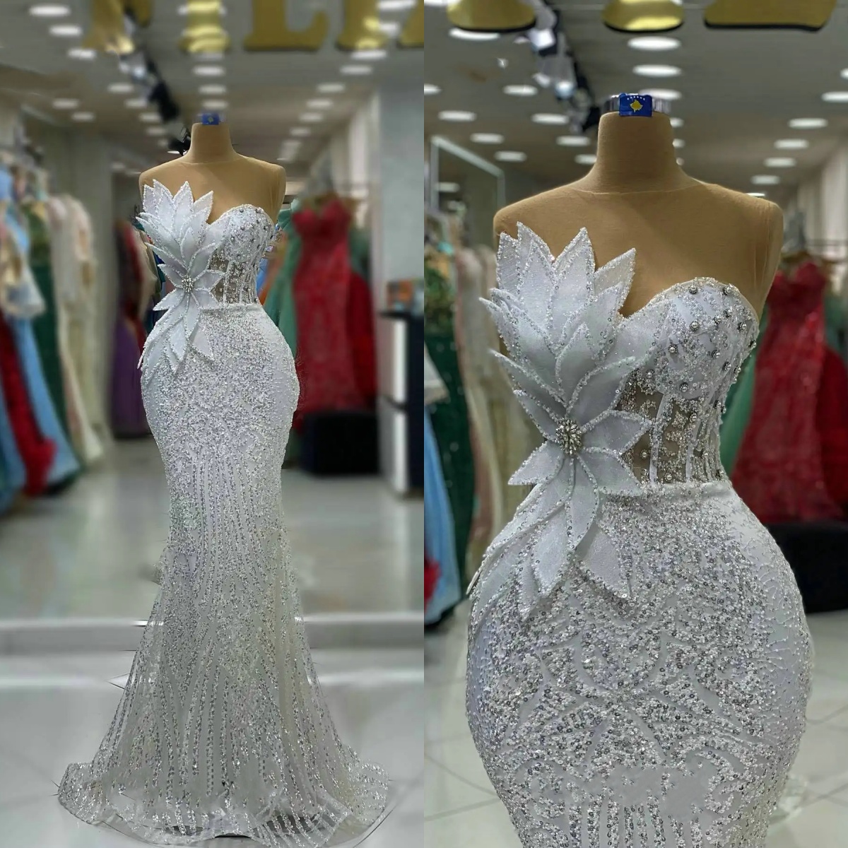 Designer Mermaid Evening Dresses Sheer Neck Sleeveless Gown Sequins Crystal Beaded Sweep Train Dress Party Customized Dress