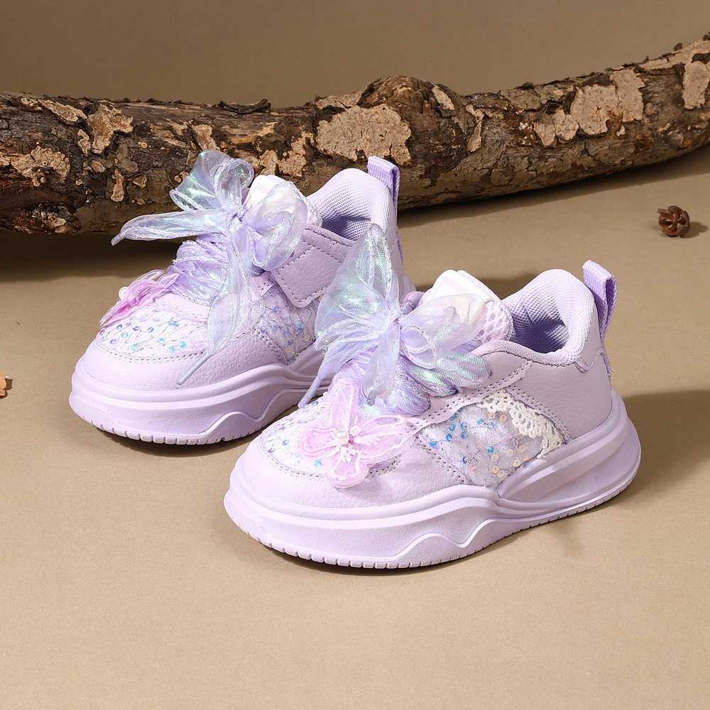 2025 New Spring Girls Shoes Leather Cute Butterfly Lace Childrens Outdoor Tennis Soft Bottom Fashion Childrens Sports Shoes W250407
