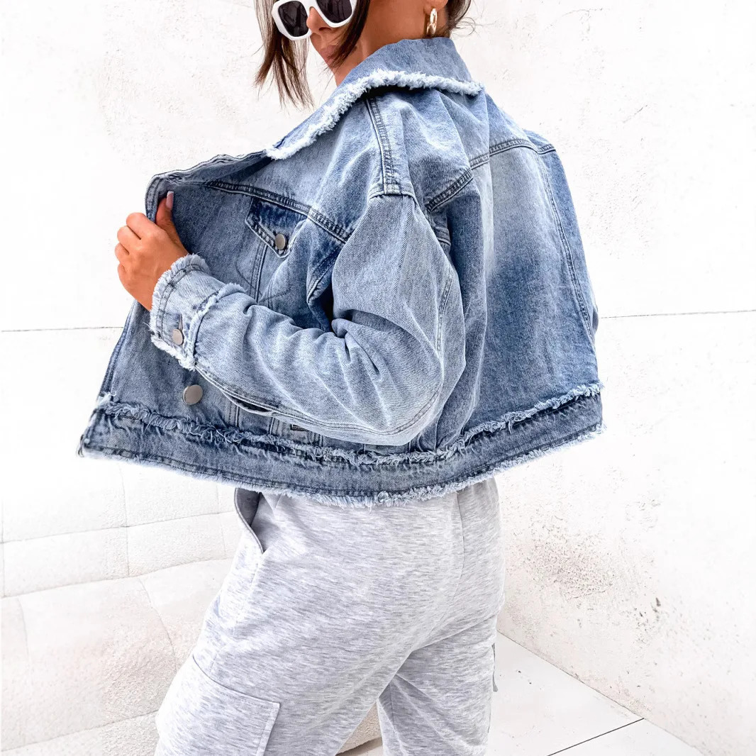 Womens denim jacket short lapel work single chest street clothing splicing Y2k casual blue spring 250407