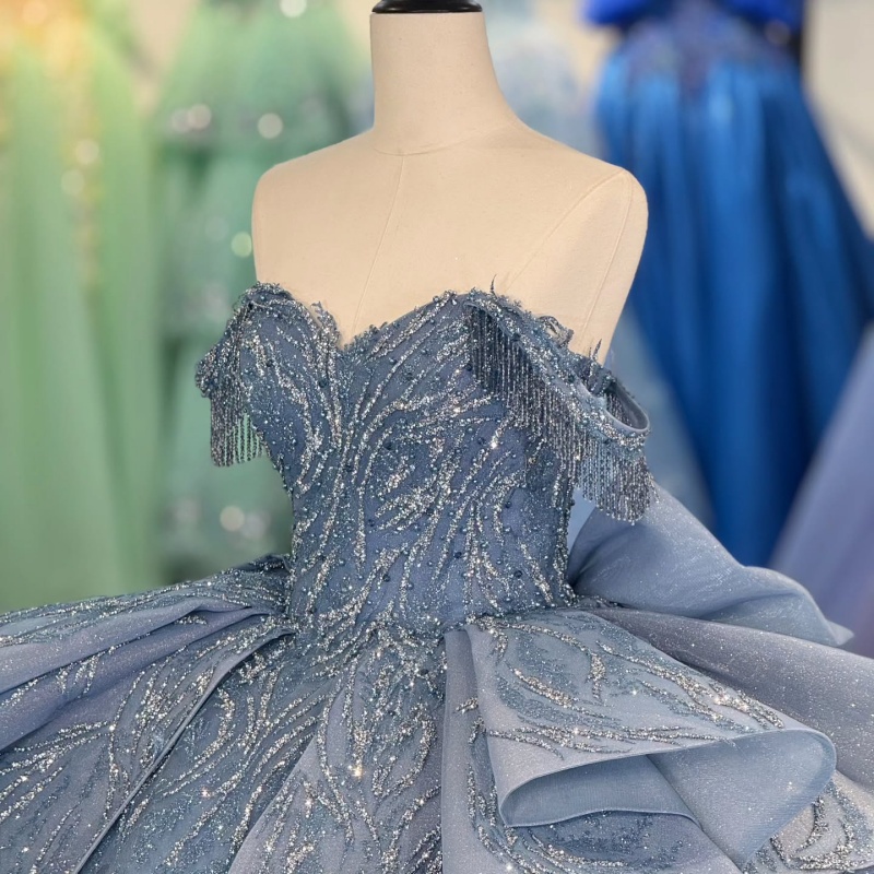 Blue Shiny Princess Quinceanera Dresses Off Shoulder Applique Beads Tiered Tull Sweet 16 Dress Ball Gown Vestidos 15 Anos