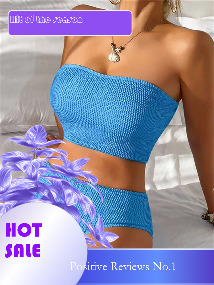 Dongdumaoyi Sexy Bandeau Bikini Mujer Women Black Ribbed Push Up High Waist Swimsuit Summer Beach Bathing Suit Holiday Swimwear Biquini