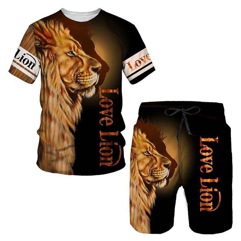 New European and American set with 3D digital printed animal images, short sleeved shorts, men's beach sports pants, new casual versatile fashion