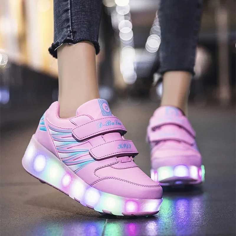 Boys and Girls Rolling Skateboarding Tow Luminous LED Childrens Fashion Luminous Sports and Leisure Wheel Skateboarding Sports Shoes W250407