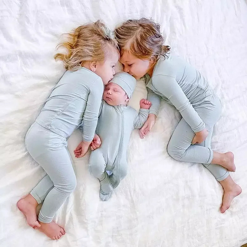 2025 Bamboo Fiber Toddler Kids Pajamas Clothes Solid Hight Elasticity Breathable Sleepwear Set For 9M-7T Boy Girl Loungewear 250407
