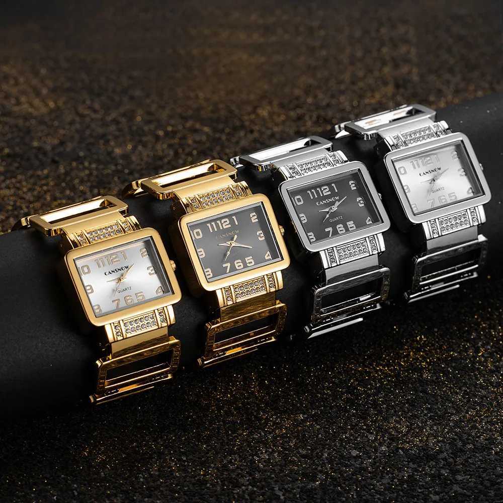 Cansnow Rectangle Womens Watch Gold Silver Bracelet Womens Water Diamond Hollow Steel Quartz Womens Fashion WatchT250408