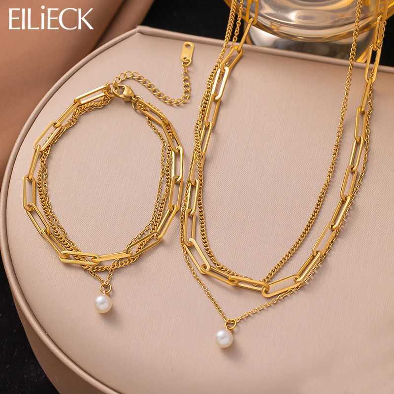 EILIECK 316L Stainless Steel Pearl Charm Necklace Bracelet Set Womens Fashion Gold Multi layer Chain Waterproof Jewelry Y250408