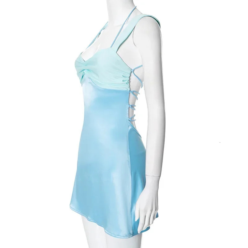 Summer Lace Up Halter Beach Vacation Mini Dress Outfits Women Bandage Backless Sleeveless Y2K Streetwear A Line Dresses Vestido 250408