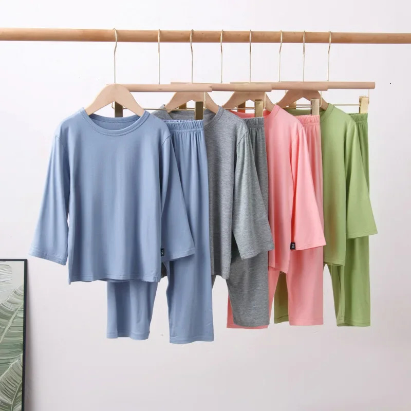 Pajamas Set for Kids Spring Summer Thin Long Sleeve Casual O-neck Children Sleepwear Two Pieces Modal Cotton Boys Girls Homewear 250407