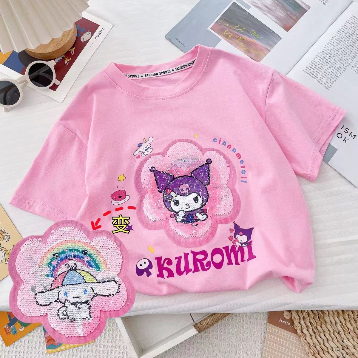 Ddmyshoesvip Short Sleeved Korean T Shirt Summer New Yugui Dog Color Change Kuromi Glitter Girls Internet Celebrity Top