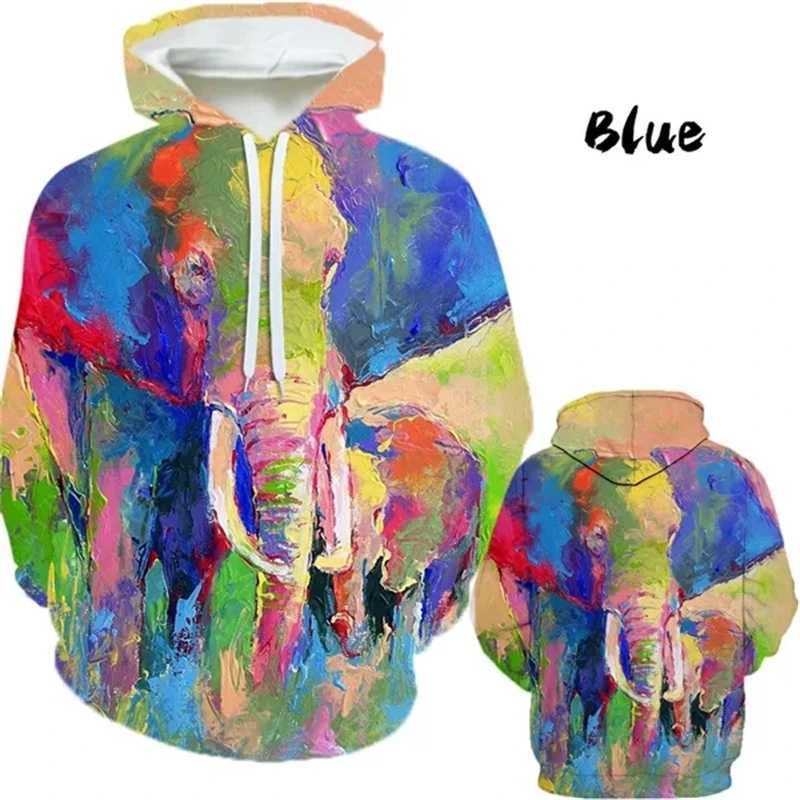 Personalized fashion animal oil painting elephant 3D printing mens winter casual hooded sweatshirt Harajuku Fun sports shirt unisex y2k top W250408