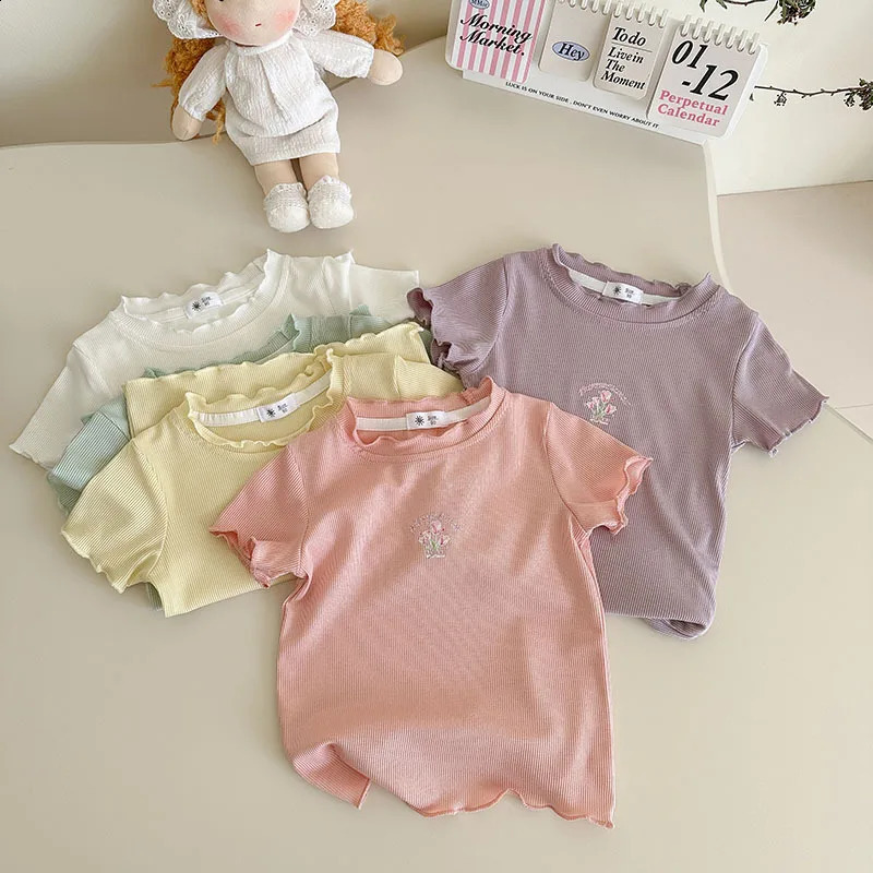 Summer Children Girls Ribbed Short Sleeve T-shirts Cotton Printed Sweet Kids Girls Tops Soft Thin Infant Babys Girls Tees 2-8Yrs 250408