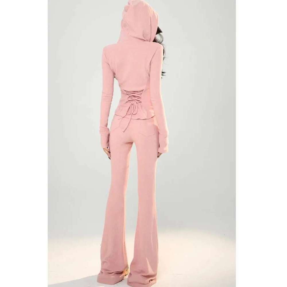 Y2k High Street Two Piece Set Tracksuit Women Hooded Zipper Jacket + Drawstring Wide Leg Pants Korean Fashion Solid Slim Outfits