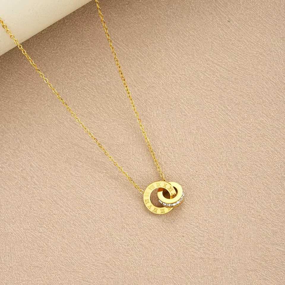 4-piece/set stainless steel crystal necklace bracelet earrings suitable for women gold interlocking ring Roman numeral jewelry set Y250408