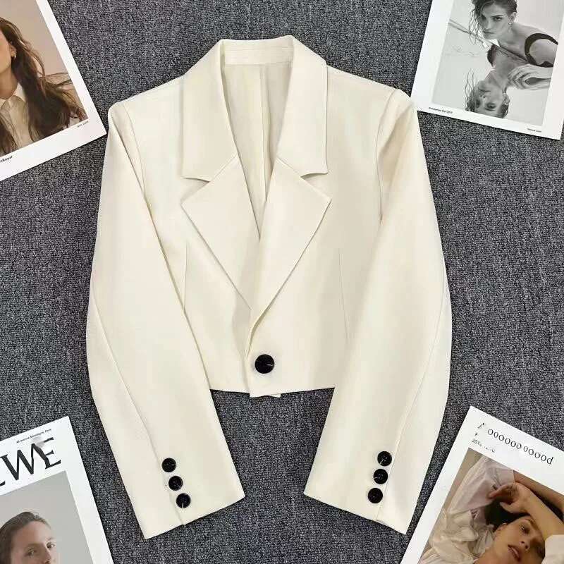 Xpqbb Black Cropped Blazers Woman Trend 2024 New All-Match Notched Collar Crop Jacket Women Korean Chic Single Button Suit Coat