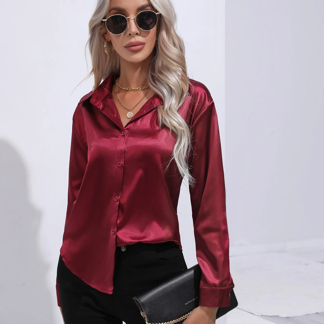 Elegant womens satin long sleeved OL green white shirt for spring and summer solid office womens lapel button up shirt womens clothing 250402