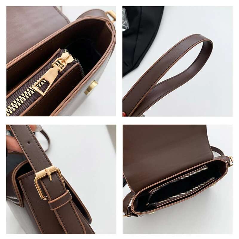 Women Vintage Solid Color Flap Small Saddle Underarm Fashion PU Leather Wide Strap Crossbody Bag Shoulder Bag Ll