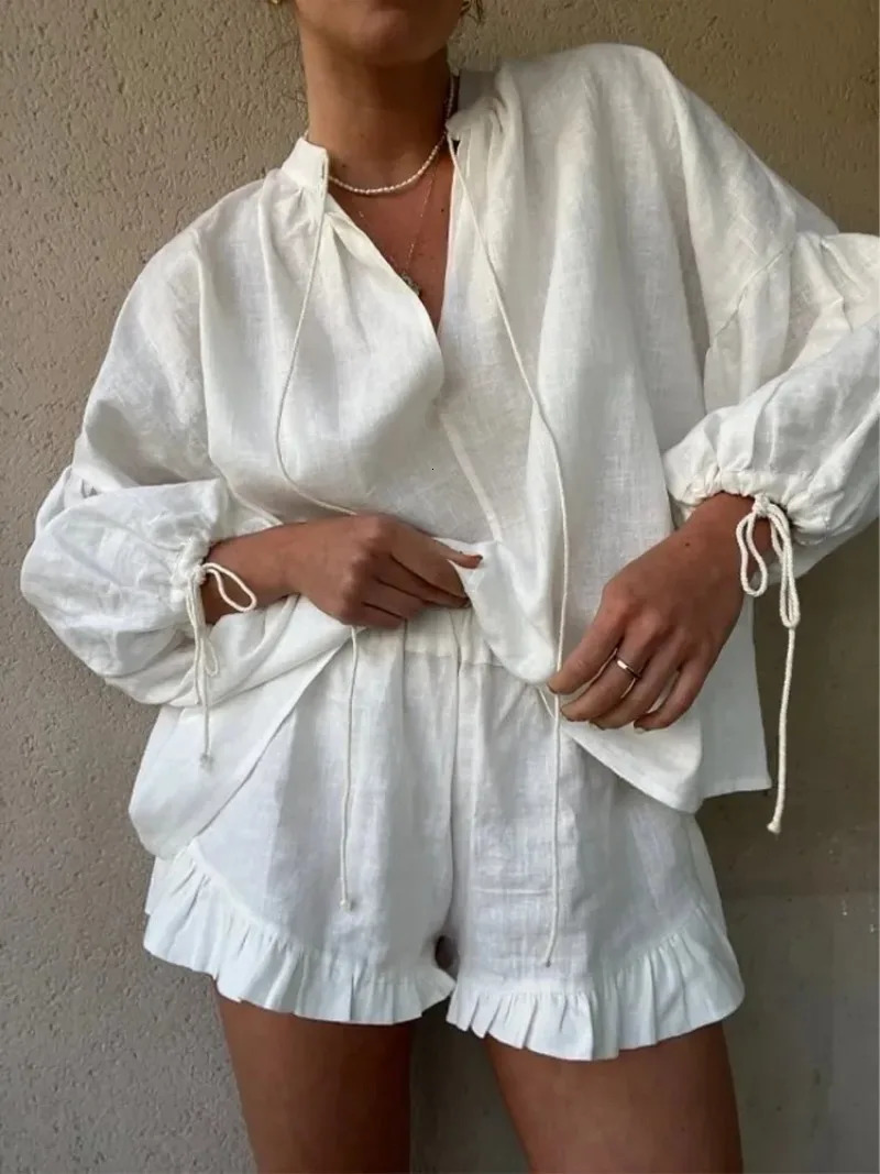 Women Casual Cotton Linen Ruffle Shorts Suits Long Sleeve Drawstring Linen Pullover 2 Ps Set Summer Ladies Beach Outfit Blouse 250407