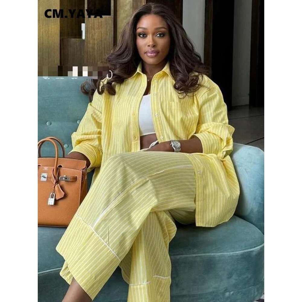 Cm.Yaya Fashion Striped Women's Set Long Sleeve Blouse Shirt Top And Wide Leg Pants 2025 Chic Two 2 Piece Sets Outfits Tracksuit