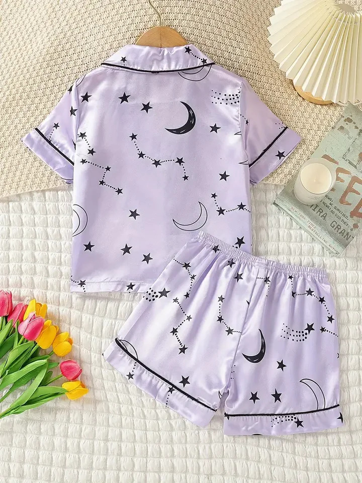 2-piece girls comfortable pajamas family suit star print V-neck button short-sleeved blouse and elastic waist shorts children sp 250407