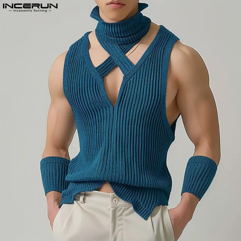 INCERUN Mens Tank Top Solid Color Turtle Neck Sleeveless Hollow Casual Tank Top Street Clothing Knitted Fashion Mens Clothing 250403