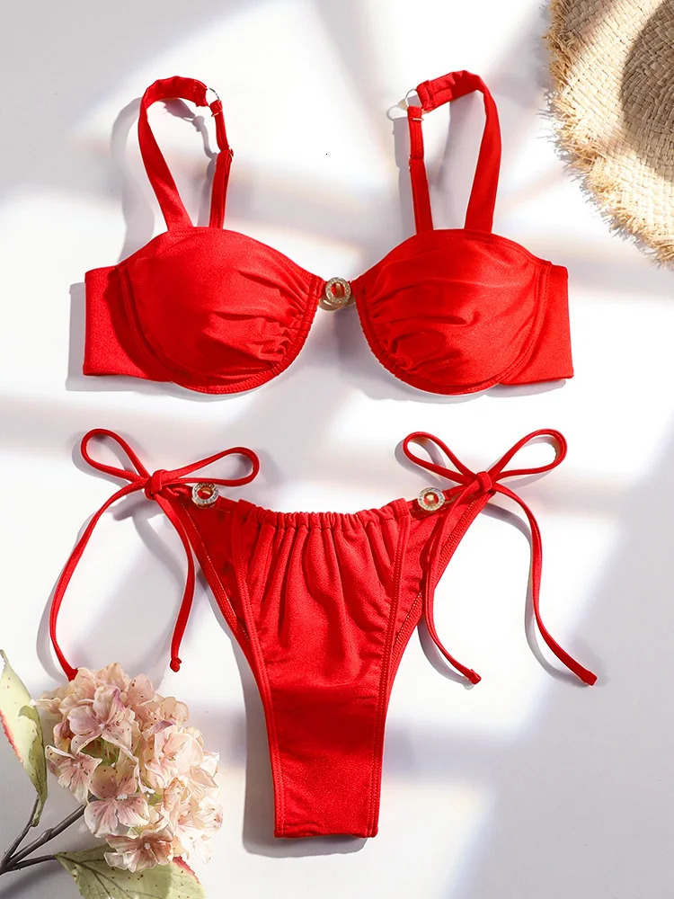 push style bikini sexy striped swimsuit red womens summer beachwear ring belt set 250408