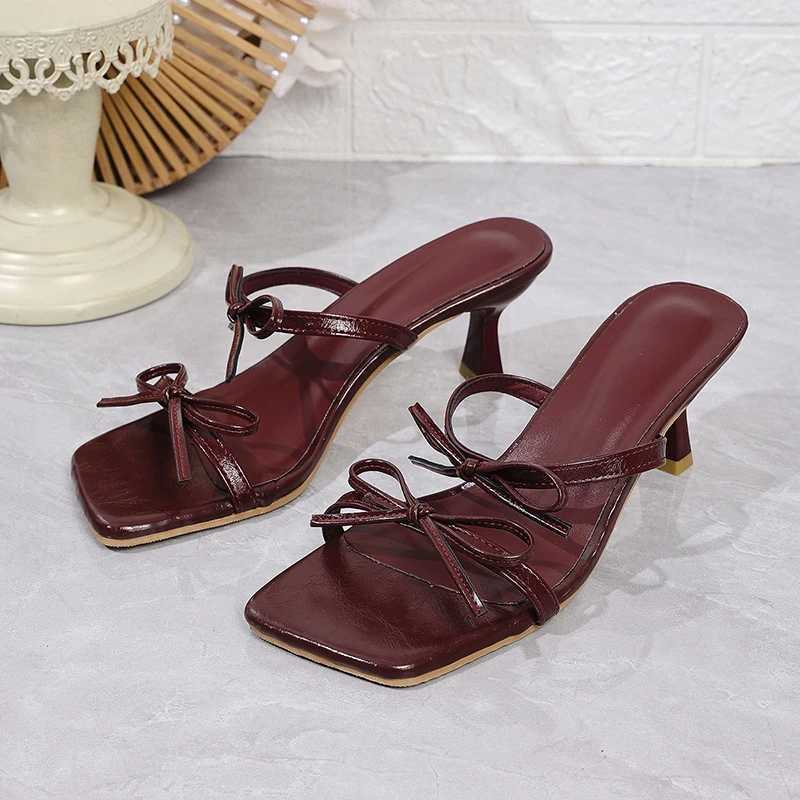 Wine red high-heeled sandals for women square toe bow decoration summer outdoor slippers womens thin high-heeled party shoesXJ250407