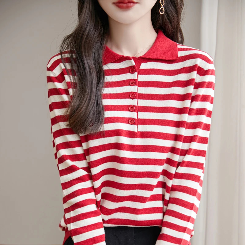 Fashion Lapel Button Spliced Striped Polo Shirts Female Clothing Autumn Winter Loose Korean Tops Casual Tee Shirt 250408