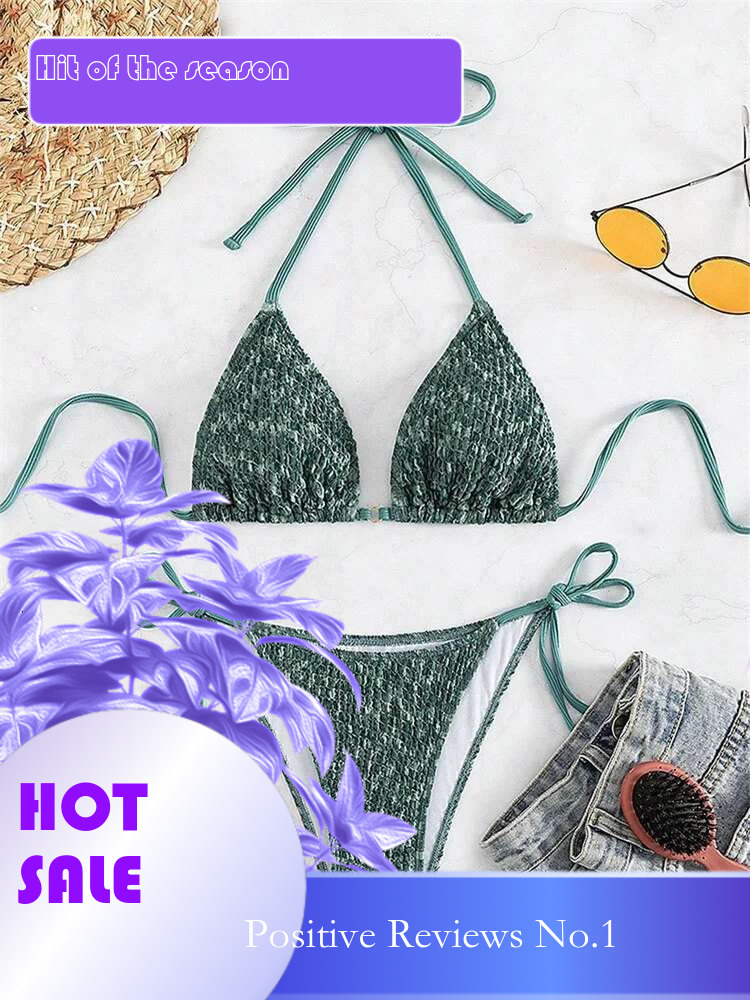 Dongdumaoyi Sexy Green Piece Bikinis Sets Women Halter Metal Stap Push Up Swimsuit Summer Lace Beach Bathing Suit Thong Swimwear