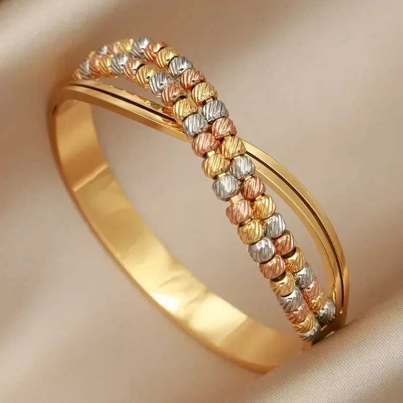 Stainless steel metal bead cross bracelet and bracelet suitable for womens fashion brand jewelry exquisite multi-color bracelet Y250408