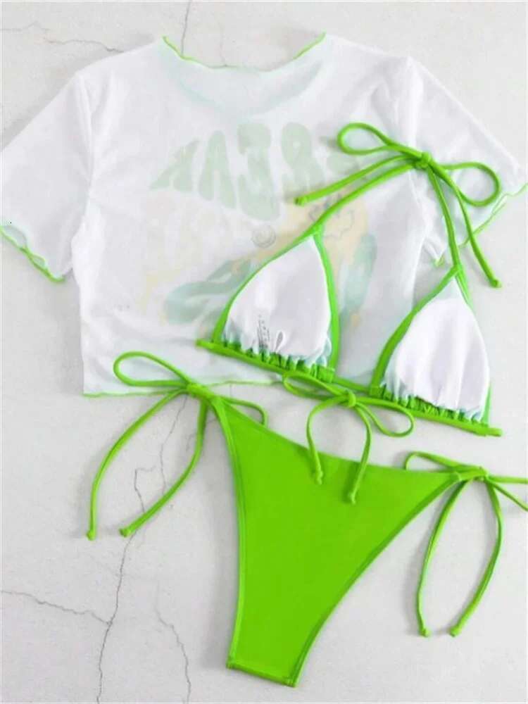 Dongdumaoyi Cute Cartoon Smile Face Print Pieces Bikini Set Short Sleeve Mesh Cover Up Swimsuit Women Bandage Bathing Suit Swimwear