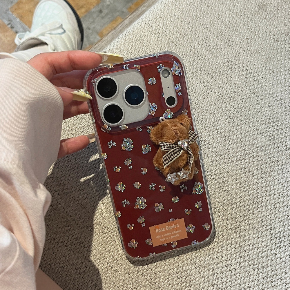 Floral Bear Phone Case Compatible with iPhone 17/16 Pro Max Cartoon Pendant Case 15/14 Pro