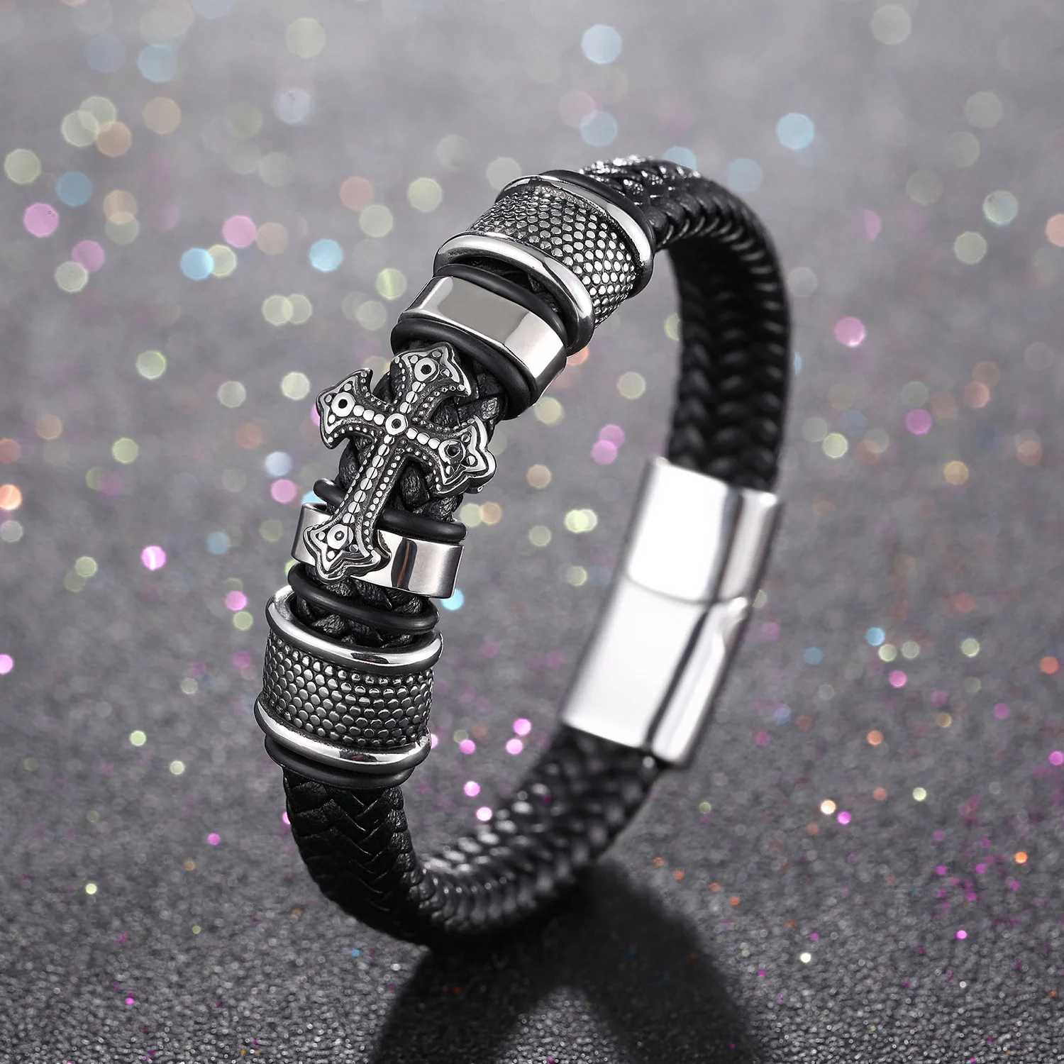 Fashion Religious ity Cross Bangles with Charms Chakra Men Classic Punk Leather Bracelet M Braided Mtilayer BracelC250408