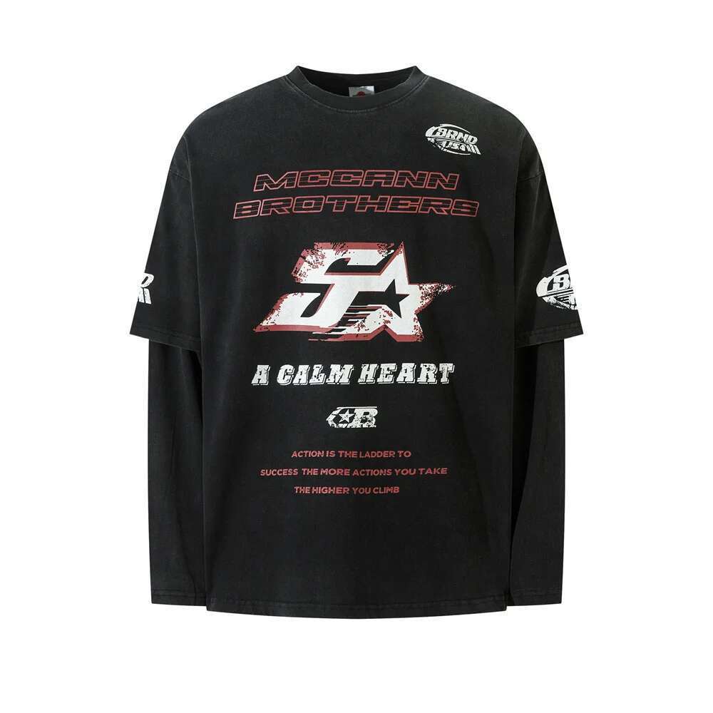 Letter Print Double-Sided Printed T-Shirt Mens High Street Washed Loose Cotton Long Sleeve Crew Neck Tee Men