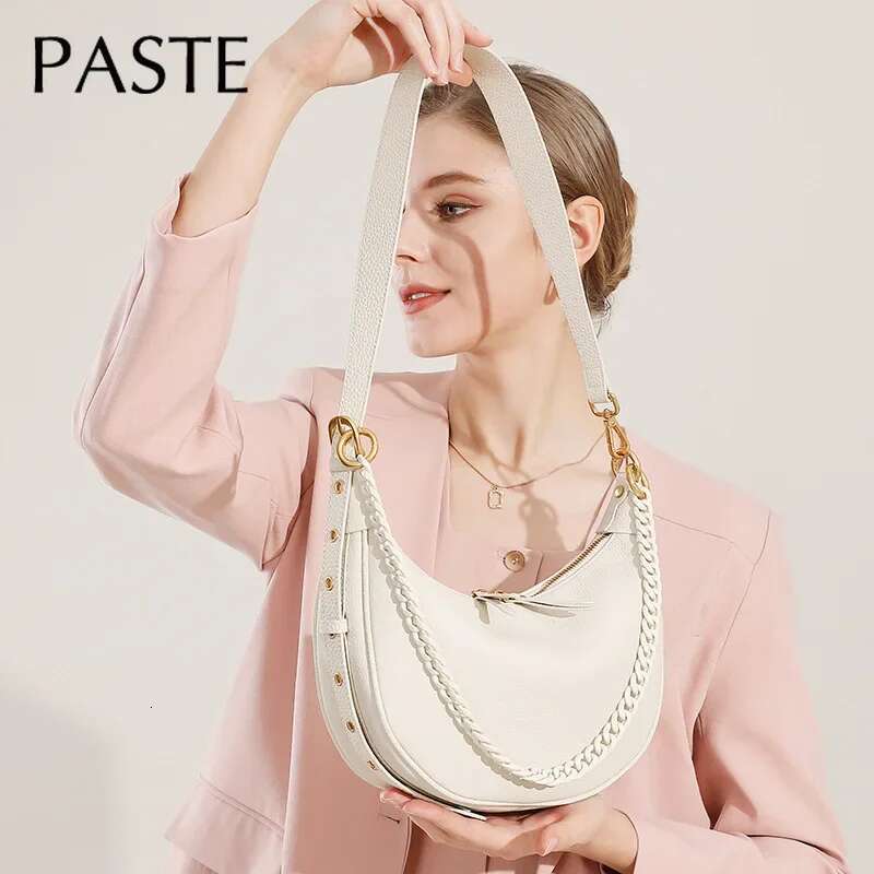 2025 Leisure Chain Design Half Moon Hobo Tote Beige T Pattern Cowhide Leather Women Shoulder Bag High-End Commuter Handbag