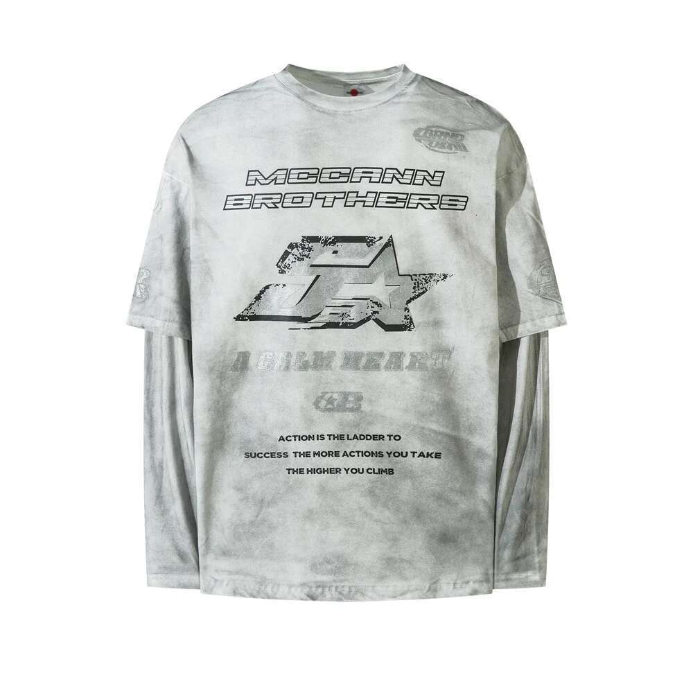 Letter Print Double-Sided Printed T-Shirt Mens High Street Washed Loose Cotton Long Sleeve Crew Neck Tee Men