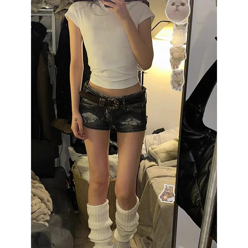 Sexy Versatile American Style Distressed Denim Shorts Low Waist Exposed Belly High Street Gyaru Summer Arrival Ultra Short H 250408