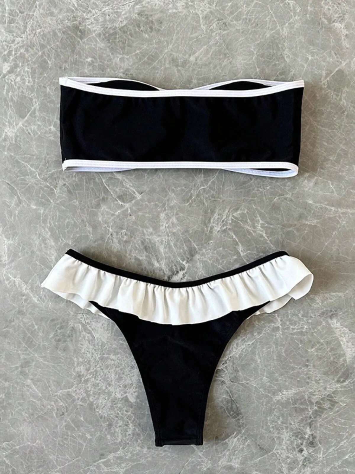 Dongdumaoyi Women S Strapless Swimsuit Piece Suit Solid Color Patchwork Push Up Ruffle Thong Beach Hot Spring Bikini Set New Swimwear
