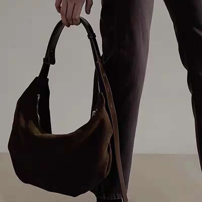 MABULA Genuine Suede Half Moon Women's Underarmshoulder Fashion Solid Hobo Phone Purse Design Vintage Handbag