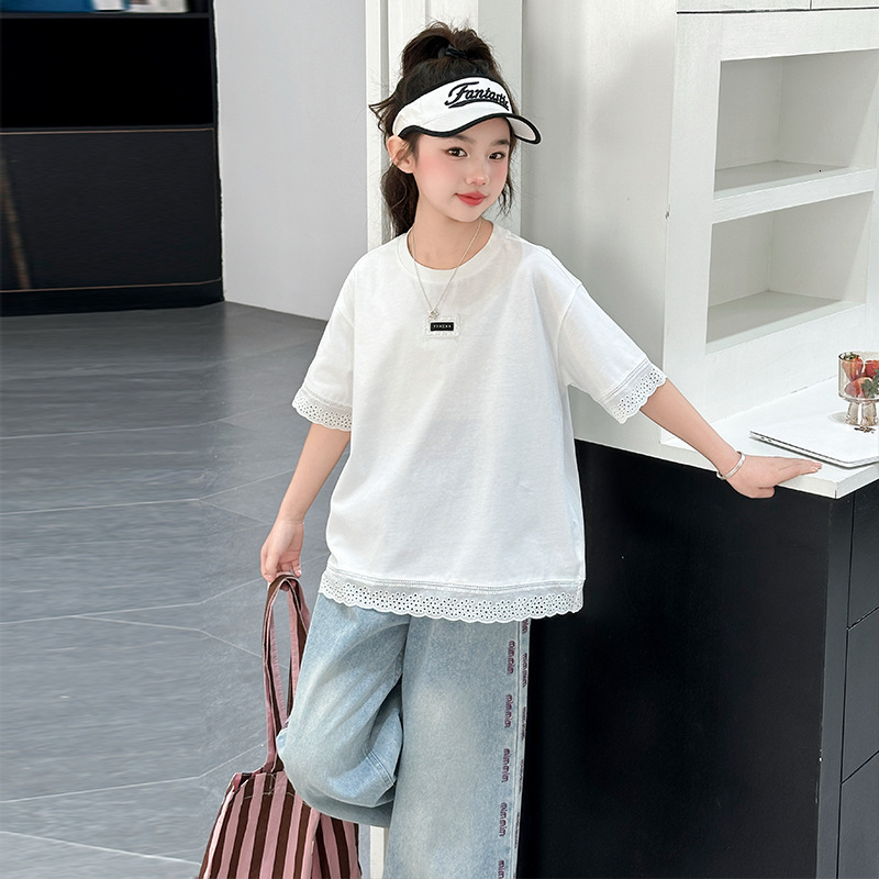 Ddmyshoesvip Casual New Fashionable Girls Summer Dress Short Sleeve T Shirt Jeans Two Piece Set Trendy