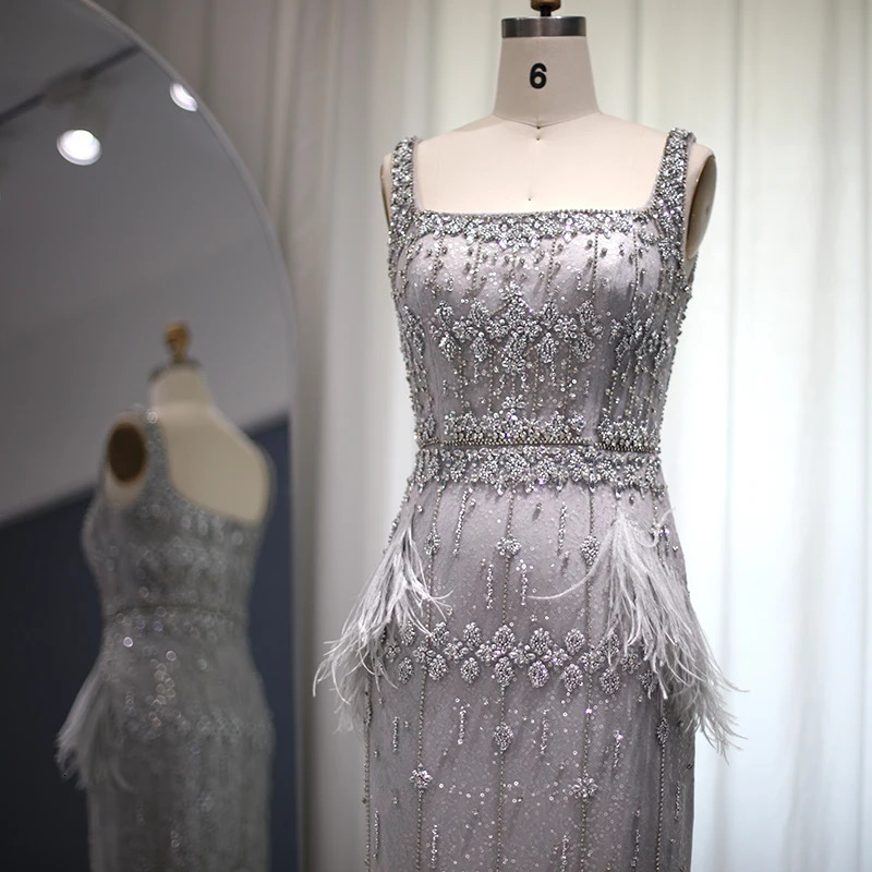 Sharon said sparkling grey mermaid evening gown with Cape feathers Dubai formal dress customized SS279 for womens wedding parties 250402