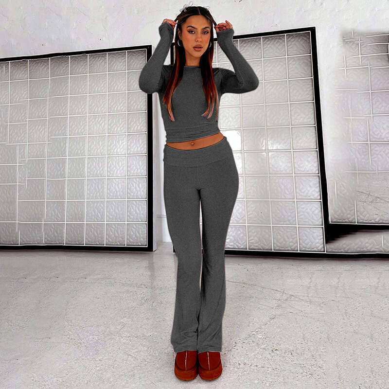 European American women's autumn winter clean color long sleeved fashionable pants two-piece set wholesale, 2025 new item, chic and elegant cloth