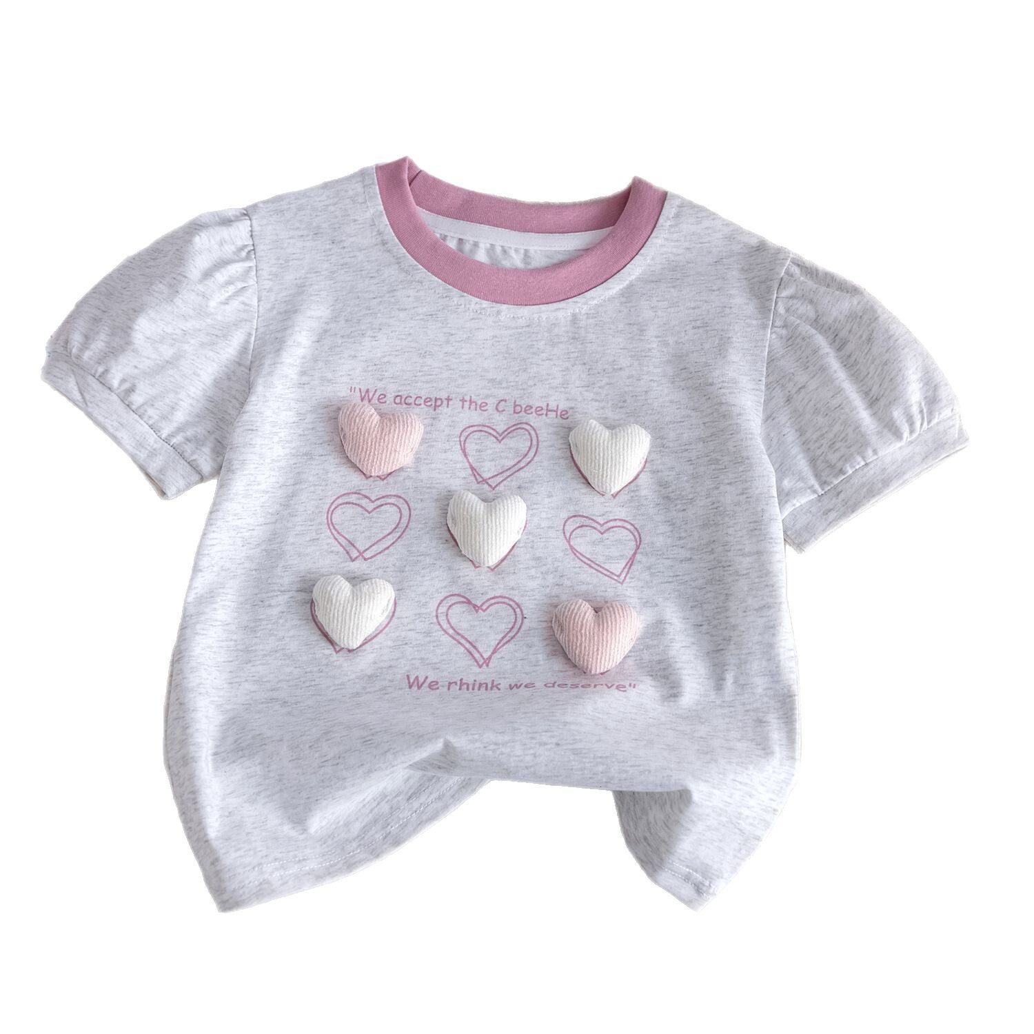 Ddmyshoesvip Girls Three Dimensional Love Short Sleeved T Shirt With Western Style Sweet Printed Bubble Sleeve Top Girls Summer New Base Shirt