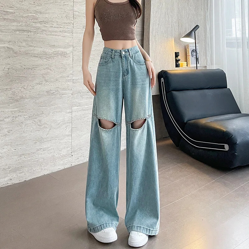 Diamond hollow wide leg jeans womens pants spring and summer high waisted loose thin drawstring straight 250407