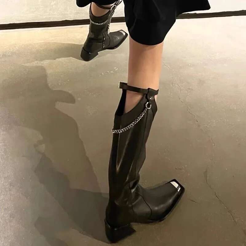 Fashion Europe Station New Thick Heel Square Gold Chain Knee High Nightclub Street Four Seasons Women's Boots