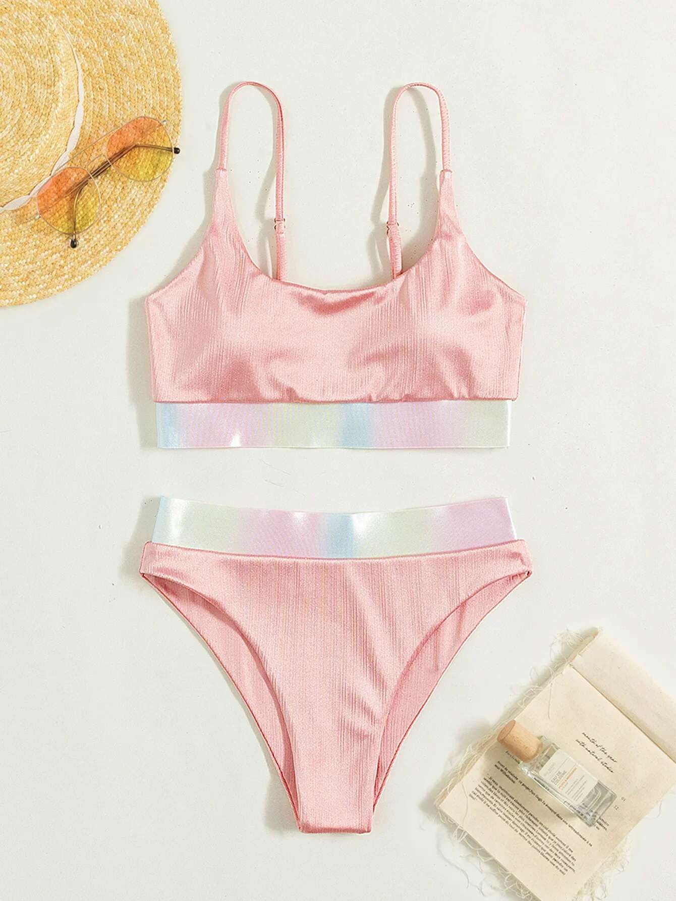 Dongdumaoyi Shiny Pink Contrast Bikini Set Women Halter Push Up Patchwork High Waist Swimsuit Designer Bathing Suit Two Piece Swimwear