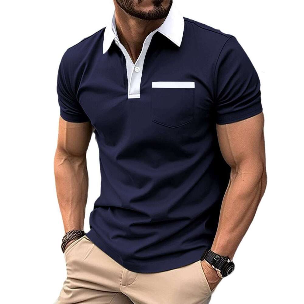 European and American collar fashionable slim fit chest pocket short sleeved men's T-shirt polo shirt 2025 new casual fashion trend clothing